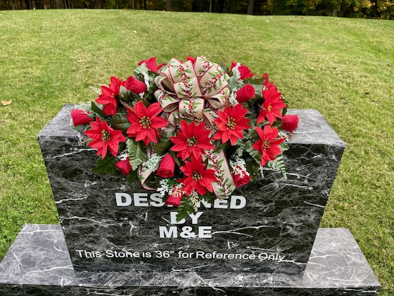 Red Poinsettias Christmas Cemetery Saddle: with Holly Bow Memorial Flowers