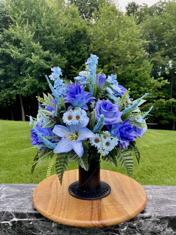 Shades of Blue Cemetery Vase, Vase Arrangement, Memorial Cemetery Vase, Memorial Flowers, Spring Cemetery Vase, Sympathy Flowers