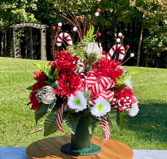 Candy Canes w/Bow Cemetery Vase, Vase Arrangement,  Cemetery Flowers, Christmas Flower Vase, Christmas Sympathy Flower Vase, Christmas Vase