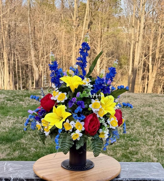 Memorial Day Cemetery Vase Arrangement, Red Yellow Blue Flowers