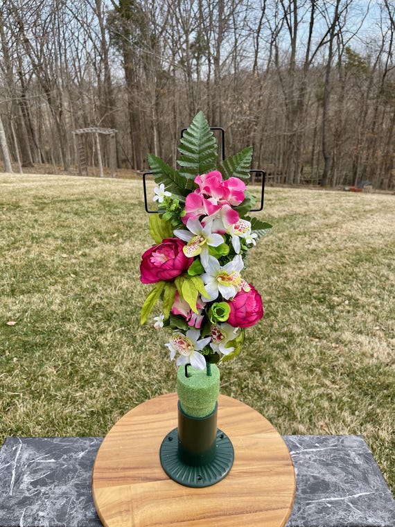 Pink-White-Green Silk Flowers on Cross, Cemetery Cross with Heart, 22” Cross Flower Arrangement, Flowers for Cemetery, Memorial Flowers