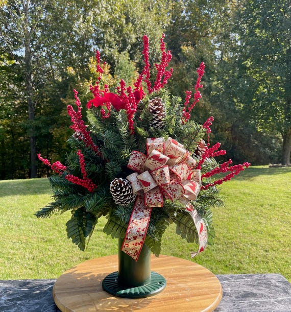 Christmas Cemetery Vase: Redbirds Pinecones Berries with Cardinal Bow Memorial Flowers