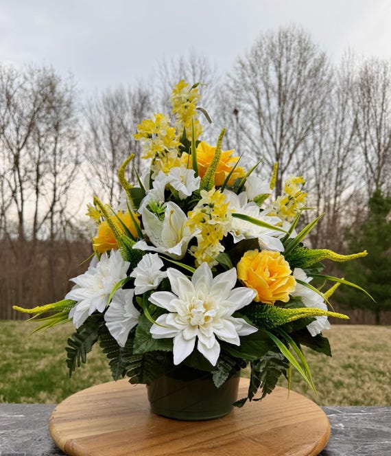 Yellow and White Cemetery Hanging Basket, Grave Decorations, Memorial Flowers