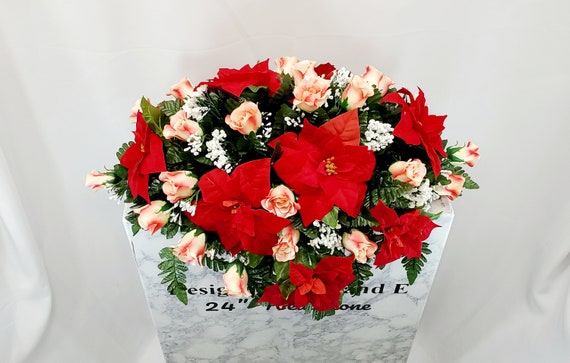 Red Poinsettia Cemetery Saddle, Memorial Headstone Flowers