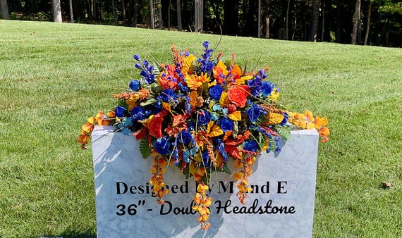 Large Blue and Orange Quality Silk Flowers, Cemetery Saddle, Cemetery Flowers, Headstone Saddle, Cemetery Arrangement, Memorial Flower