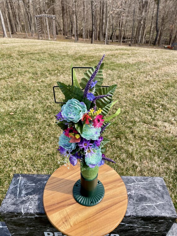 Purple and Pink Silk Flowers on Cross, Cemetery Cross with Heart, 22” Cross Flower Arrangement, Flowers for Cemetery, Memorial Flowers
