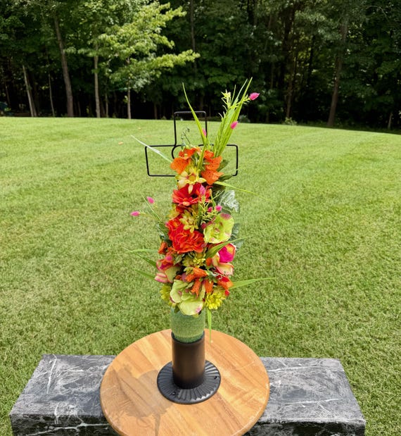 One-of-a-Kind cannot be duplicated Silk Flower Cemetery Cross - Memorial Headstone Arrangement - Grave Decoration