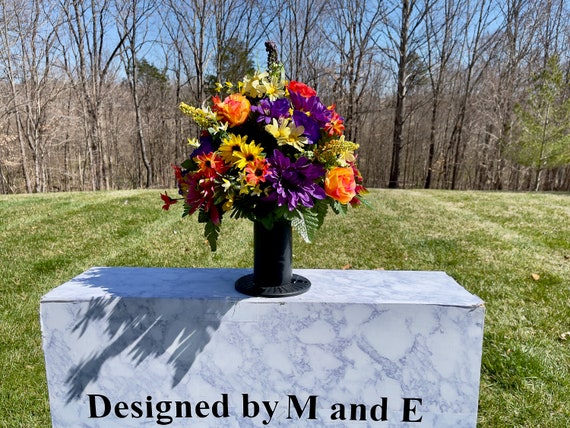 Purple-Orange-Yellow Cemetery Vase, Vase Arrangement, Memorial Cemetery Vase, Memorial Flowers, Spring Cemetery Vase, Sympathy Flowers
