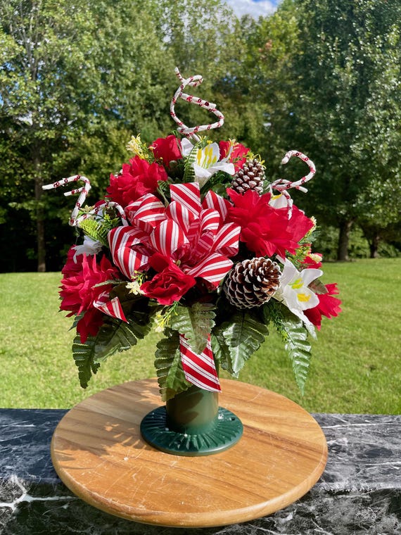 Christmas Cemetery Vase: Silk Flowers, Red Bow, Memorial Decoration