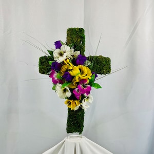 Moss Cemetery Cross with Silk Flower Arrangement: Memorial Flowers