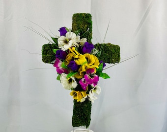 Moss Cross with Quality Silk Flowers, Cemetery Cross with Moss, 22” Cross Flower Arrangement, Flowers for Cemetery, Memorial Flowers