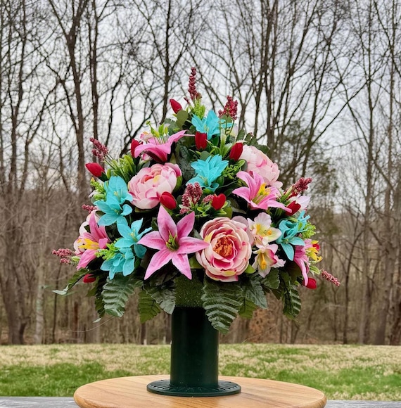 Cemetery Vase Arrangement, Pink Teal Red Flowers, Memorial Day Sympathy Flowers