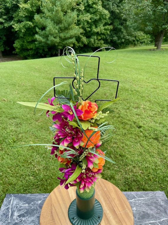 Orange Fuchsia Silk Flower Cemetery Cross: Memorial Arrangement