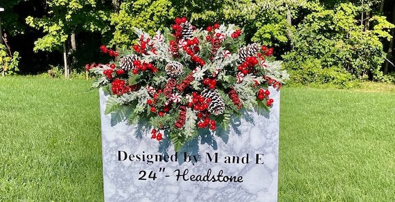 Winter Berries in Christmas Cemetery Saddle Christmas, Christmas Cemetery Flowers, Christmas Headstone Saddle Arrangement, Memorial Flowers
