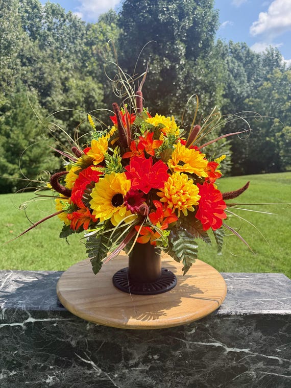 Bright Orange and Yellow with Foxtails Fall Cemetery Vase Arrangement: Fall Memorial Flowers