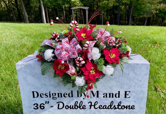 Candy Canes and Bow Christmas Cemetery Saddle Christmas, Christmas Cemetery Flowers, Christmas Headstone Saddle Arrangement