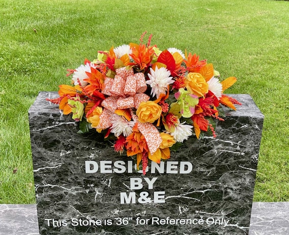 Orange & White Silk Flower Cemetery Saddle: Fall Memorial Arrangement