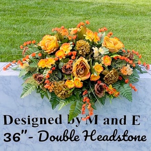 Cream-Orange Silk Flower Cemetery Saddle: Memorial Headstone Flowers