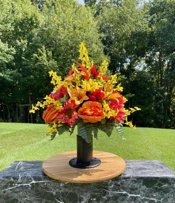Orange Silk Cemetery Vase Arrangement: Memorial Flowers