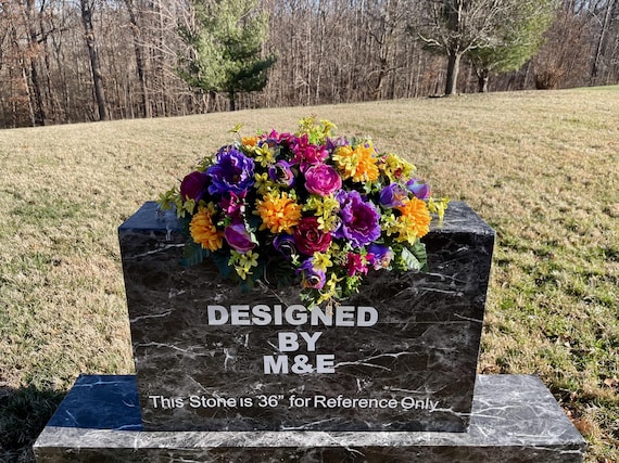 One of a Kind Cemetery Saddle, Bright Multi-Color Flowers, Headstone Flowers, Cemetery Flowers, Grave Arrangement