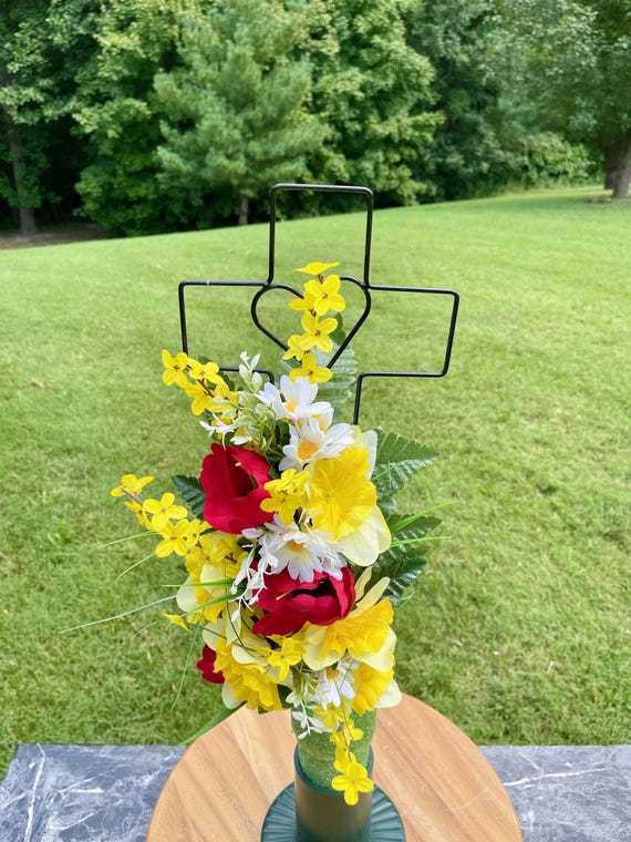 Red, Yellow & White Silk Cemetery Cross Arrangement - 22" Memorial Flowers