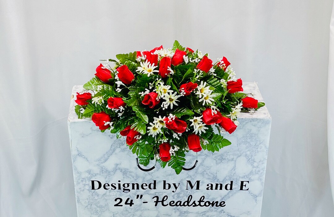 Red Rose Buds Single Headstone Cemetery Saddle, 22-24” Cemetery Flower ...