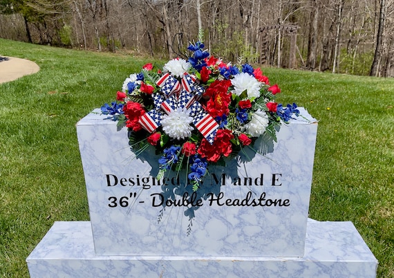 Patriotic Quality Silk Flowers, Cemetery Saddle, Cemetery Flowers, Headstone Saddle, Cemetery Arrangement, Memorial Day Flowers
