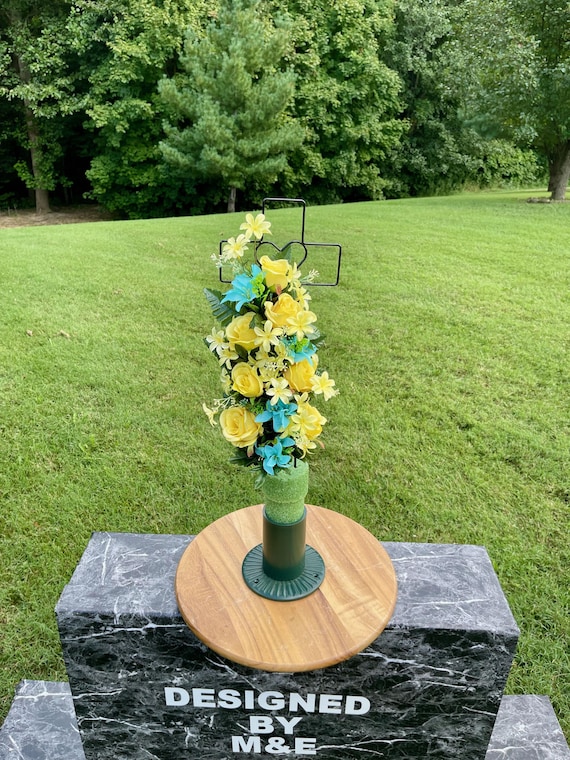 Yellow & Teal Silk Flower Cemetery Cross - Memorial Arrangement