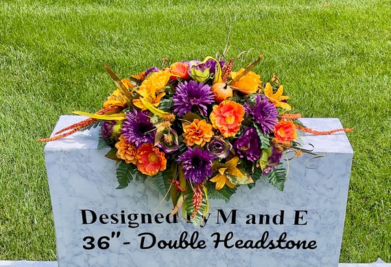 Purple-Orange-Green Cemetery Saddle, Flowers for the Cemetery, Memorial Day Saddle, Sympathy Flowers, Cemetery Flowers, Gravesite Flowers