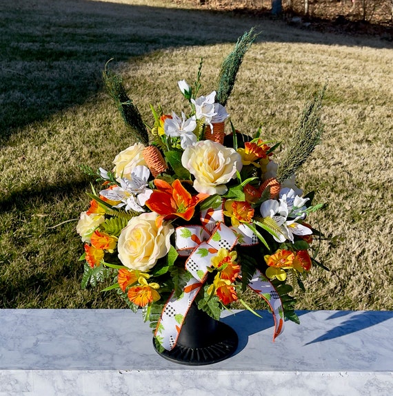 Easter Cemetery Vase: Silk Flowers, Carrots & Bow
