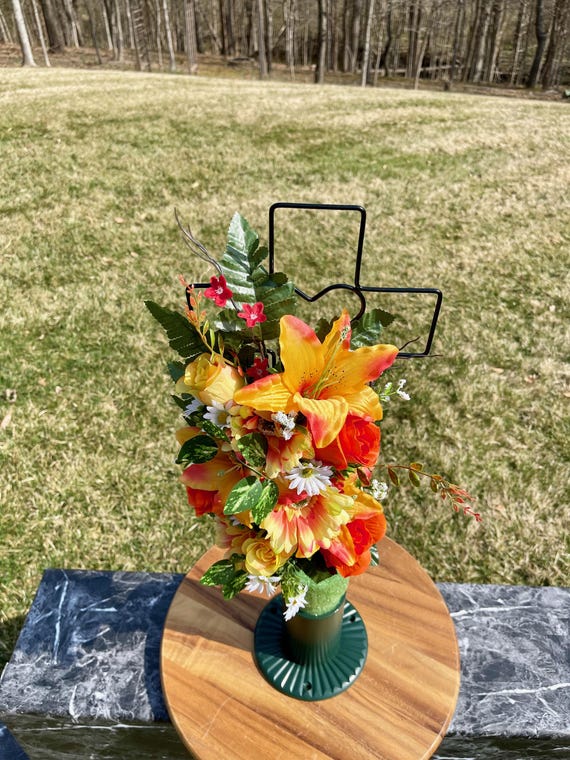 Mixed Orange Colors Silk Flowers on Cross, Cemetery Cross with Heart, 22” Cross Flower Arrangement, Flowers for Cemetery, Memorial Flowers