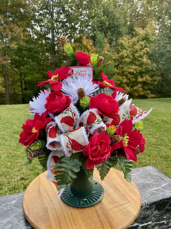 Holiday Cemetery Vase Arrangement; Merry Christmas Cardinal Metal Sign with Redbird Bow Christmas Flowers