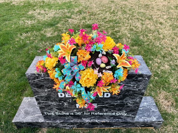 Cemetery Saddle Arrangement with Bird Nest and Eggs, Memorial Flowers
