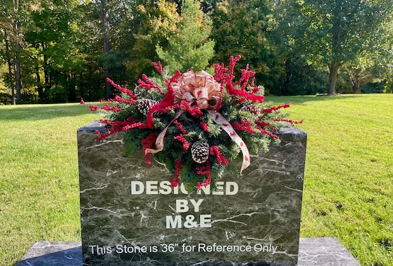 Christmas Cemetery Saddle, Red Bird & Berry Floral Arrangement