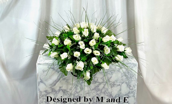 White Roses Single Cemetery Saddle, 22-24” Cemetery Flower Arrangement, Flowers for Cemetery, Memorial Day Saddle, Sympathy Flowers