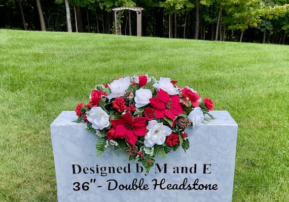 One of a Kind Red and White Christmas Cemetery Saddle, Winter Headstone Decorations, Cemetery Flowers, Grave Holiday Arrangement