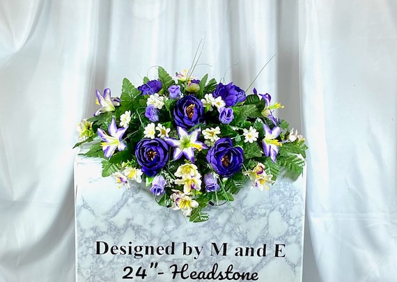 1 Purple and White Cemetery Saddle, Double Headstone Saddle, Grave Decorations, Headstone Decorations, Cemetery Flowers, Memorial Flowers