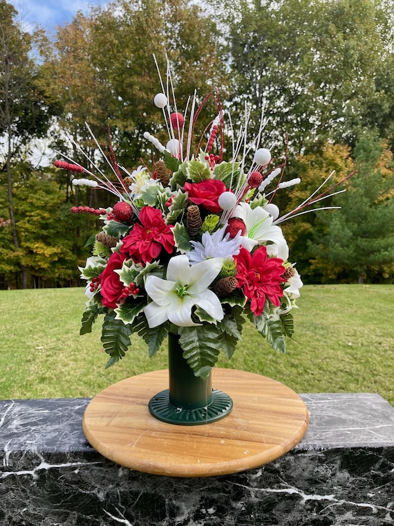 Christmas Cemetery Vase: Winter Vase with Holiday Decorations Memorial Flowers