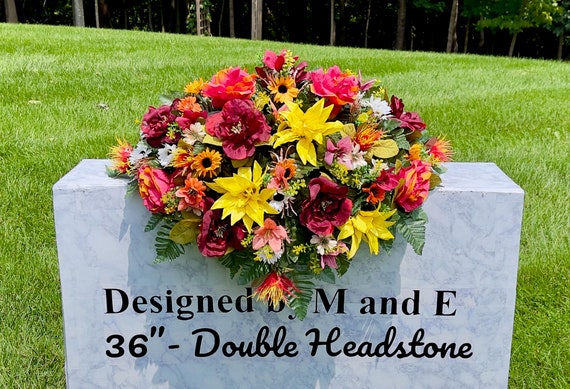 Yellow Pink and Burgundy Quality Silk Flowers, Cemetery Saddle, Cemetery Flowers, Headstone Saddle, Cemetery Arrangement,