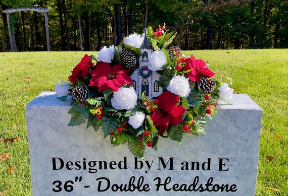 Little Church with Pinecones Christmas Cemetery Saddle, Christmas Cemetery Flowers, Headstone Saddle Arrangement, Christmas Headstone Saddle