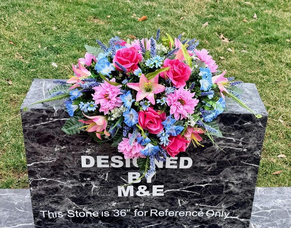 Cemetery Saddle Arrangement, Violet White Yellow Flowers, Memorial Day Headstone Decoration