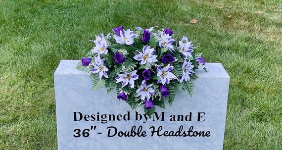 Christmas Cemetery Flowers, White Purple Headstone Saddle Arrangement
