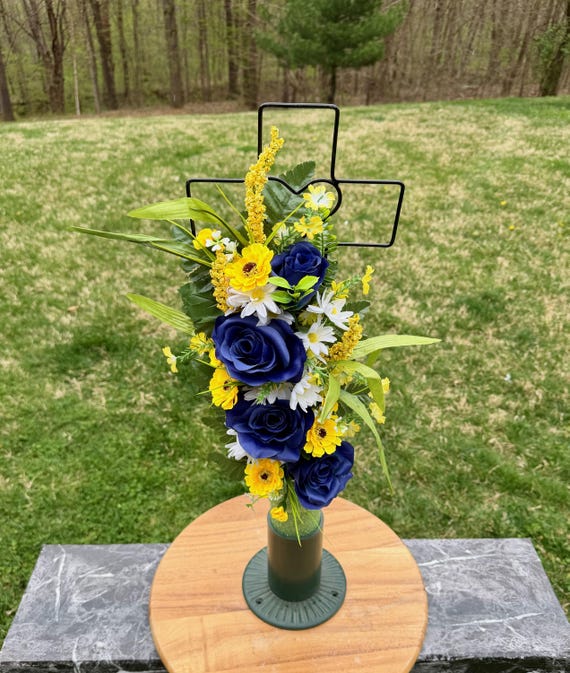 Yellow, Blue and White Silk Flower Heart Cemetery Cross - Grave Decorations - Memorial Arrangement