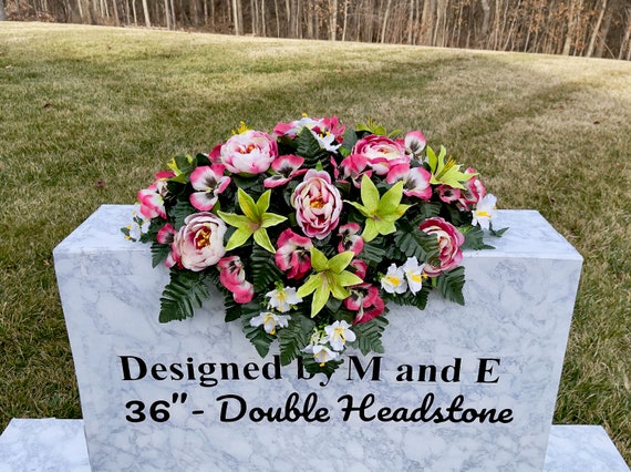Pinks and Greens Quality Silk Flowers, Cemetery Saddle, Cemetery Flowers, Headstone Saddle, Cemetery Arrangement, Memorial Day Flower