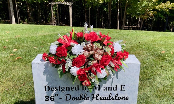 Red & White Christmas Cemetery Saddle, Winter Grave Flowers