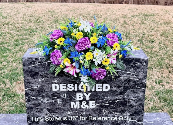 Bright Blues, Yellows and Purples Cemetery Saddle, Grave Decoration, Memorial Headstone Flowers