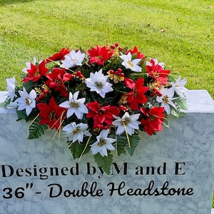 Red-White with Winter Berries Christmas Cemetery Saddle, Cemetery Flowers, Headstone Saddle, Memorial Flowers, Christmas Cemetery Flowers