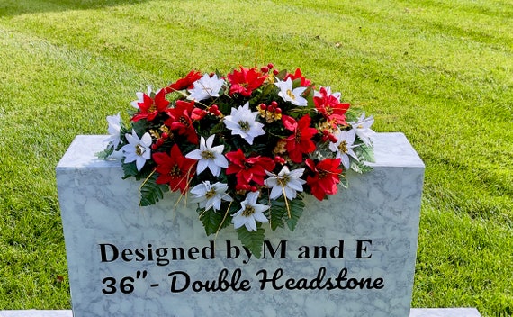 Red-White with Winter Berries Christmas Cemetery Saddle, Cemetery Flowers, Headstone Saddle, Memorial Flowers, Christmas Cemetery Flowers
