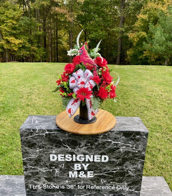 Holiday Cemetery Vase Arrangement, Large Cardinal Metal Sign with Redbird Bow Christmas Flowers