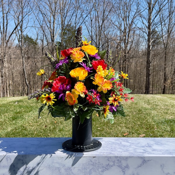 Yellow-Purple-Orange Cemetery Vase, Vase Arrangement, Memorial Cemetery Vase, Memorial Flowers, Spring Cemetery Vase, Sympathy Flowers